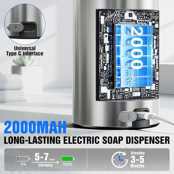 Fantictas Touchless Foaming Soap Dispenser, Stainless Steel Automatic Foam Soap Dispenser, USB-C Rechargeable Sensor Pump with 3 Adjustable Levels, 11.5 oz for Bathroom & Kitchen