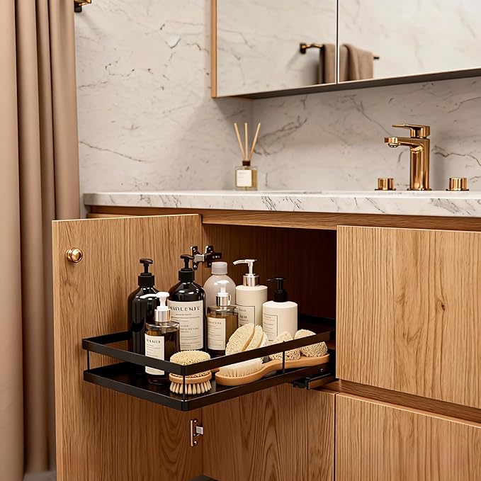 Under Sink Organizer, Dual-Rail Ball-Bearing, Under Kitchen Sink Organizer, 6-Level Adjustable, Under Cabinet Organizer, No-Drill Adhesive/Suction, Under Sink Storage