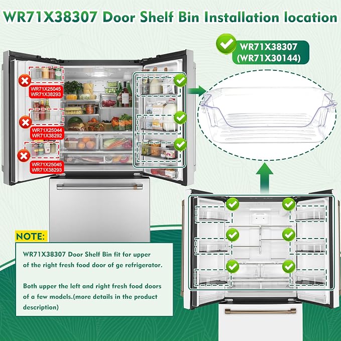 WR71X38307, WR71X30144 Door Shelf Bin Compatible with ge refrigerators (some models): GFE26JYMNFFS, GNE27JYMNFFS, GNE27JYMWFFS etc, Door Shelf Replacement: 4975750, AP7186356, EAP16729788, PS16729788