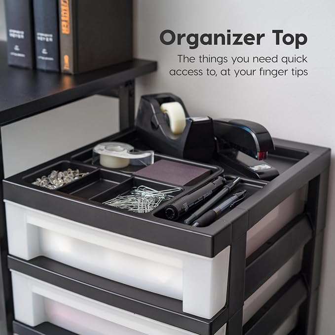 IRIS USA Craft Plastic Organizers and Storage, Rolling Storage Cart for Classroom Supplies, Storage Organizer for Art Supplies, Drawer Top Organizer for Small Parts, 6 Drawer, Black/Pearl