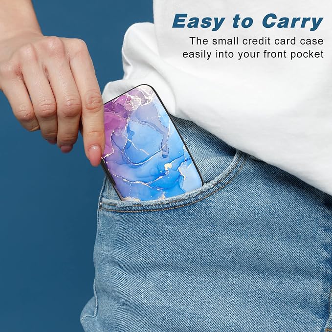 Credit Card Holder, Mini Aluminum Card Wallet RFID Blocking Slim Metal Hard Card Case for Women Men, Blue Purple Marble