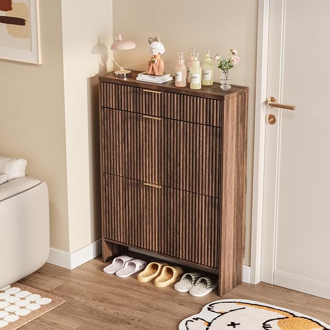 Fluted Shoe Cabinet Storage with 2 Flip Drawers & 1 Drawers, Wood Narrow Hidden Shoe Cabinet for Entryway, Freestanding Slim Shoe Rack Organizer for Foyer Hallway Living Room(Walnut)