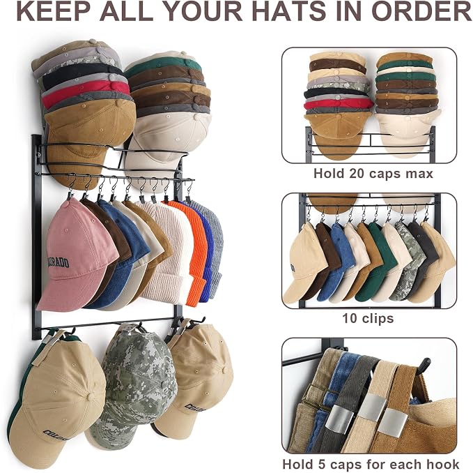 Hat Rack, Metal 3-Tier Wall Organizer Holds Up to 45 Caps with 10 Clips | 3-tier wall rack stores 45 baseball caps. 10 removable clips organize hats, scarves, sunglasses and small accessories