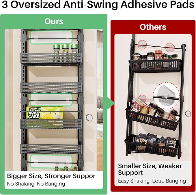 Over the Door Pantry Organizer - 8 Tiers Height Adjustable Pantry Organizers and Storage with Dense Mesh Baskets, Metal Door Hanging Spice Rack for Kitchen Bathroom (Black, 17.2" W x 6.2" D x 69.2" H)