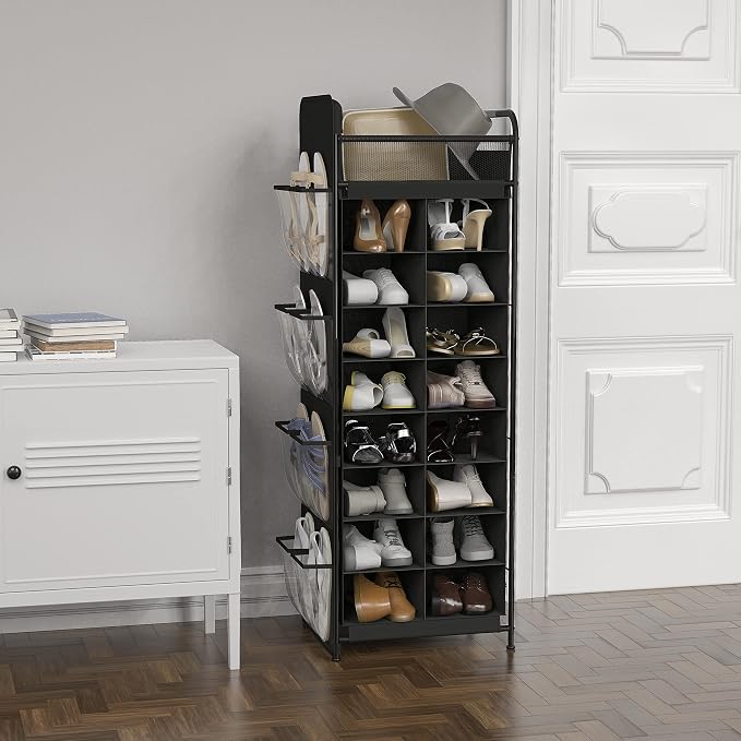 Simple Houseware 16 Cube Shoe Stand Tower Rack 8 Tier, Black | Top Shelf and Side Hanging Pockets