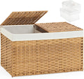 SETVSON Storage Basket with Lid Rattan Storage Basket with 2 Separate Lid, 27.8 Gallon (105 L) 25.2 * 15.4 * 16.1 Inches Woven Wicker Baskets with 2 Liners and Handles for Bedroom Laundry-Natural