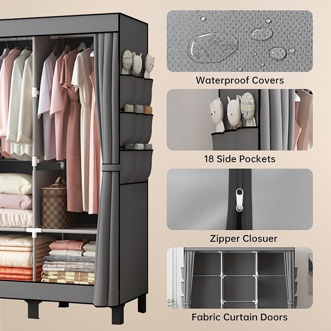 Portable Closet Wardrobe Closet for Hanging Clothes with 3 Hanging Rods for Bedroom, Non-Woven Fabric Clothes Closet for Living Room Easy Assemble