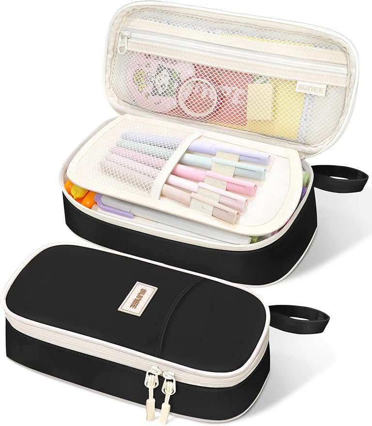 SUNEE Cute Pencil Case, Aesthetic Pen Pouch, Colored Large Pencil Bag with Zipper, Kawaii Stationery Storage and Organizer, School Supplies for Teen and Adult Girls, Black