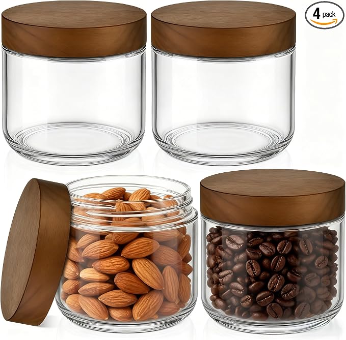 Bumobum 8 oz Glass Jars with Lids, Small Jars for Loose Leaf Tea, 4 Pack | Airtight containers with acacia wood tops and wide openings; for loose leaf tea storage, coffee, snacks, yogurt and spices.