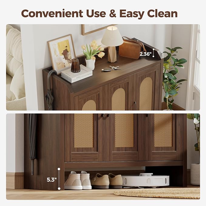 Mericonia Rattan Shoe Storage Cabinet, Farmhouse Shoe Cabinets Storage for Entryway, Boho Wooden Shoe Rack with 3 Doors for Entryway, Hallway (Walnut, 3 Door)