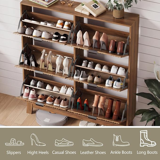 Shoe Cabinet Storage for Entryway with 6 Flip Drawers, Fluted Narrow Shoe Organizer with Wooden Legs, Freestanding Slim Shoe Storage Hidden Shoe Rack Organizer for Front Door Entrance, Walnut