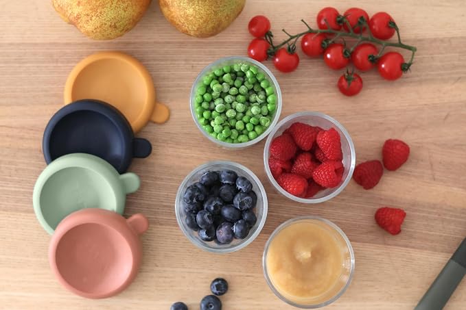 BEABA 4 Pack Glass Baby Food Jars with Soft Silicone Air Tight Lids, 8 oz Glass Storage Containers with Lids, Microwave and Freezer Safe Containers, Sunrise