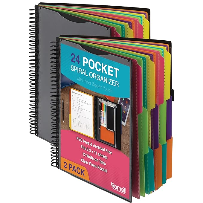 Samsill 2 Pack Deluxe 24 Pocket Spiral Project Organizer with Inner Zipper Pouch, Customizable Front Cover, 12 Dividers with Erasable Write-On Tabs in Fashion Colors, Plastic Folders with Pockets