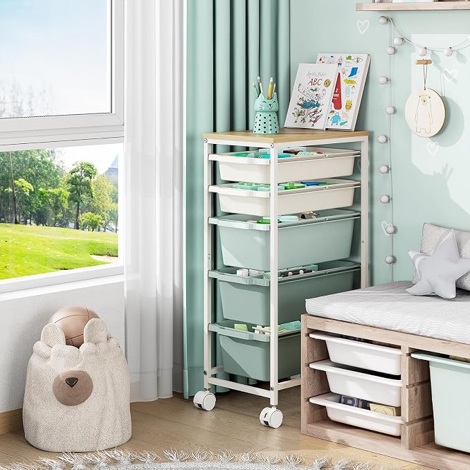 Slim Rolling Storage Cart with 5 Drawers, Craft Organizer, Wooden Tabletop Utility Cart for Bedroom, Children's Room and Office Organization, Table Side Trolley with Lockable Wheels, Green