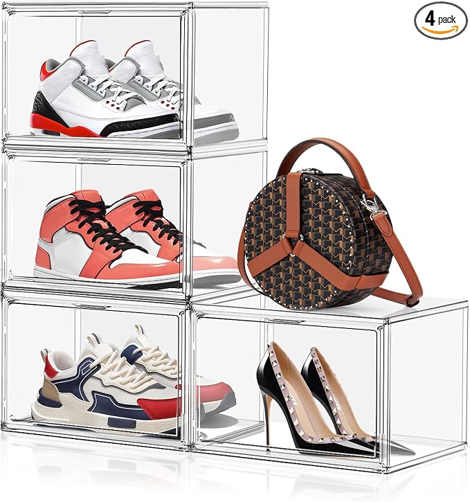 4 Pack X-Large Shoe Boxes Size 14, Clear Acrylic Handbag Storage Box Sneaker Display Case Shoes Containers with Magnetic Door Acrylic Display Case Organizer for Closet