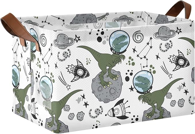 Outer Space Rocket and Dinosaur Storage Basket Foldable Cube Storage Bins with Handles&Label Waterproof Collapsible Organizer Box Bin Large Rectangle Decorative Baskets for Shelves Home Room Laundry
