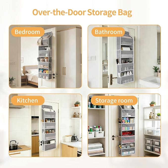 Over the Door Organizer, Door Storage Organizer with Large Capacity Pockets, Hanging Shelves for Bedroom, Closet, Dorm, Pantry (Grey, 5-Tier)