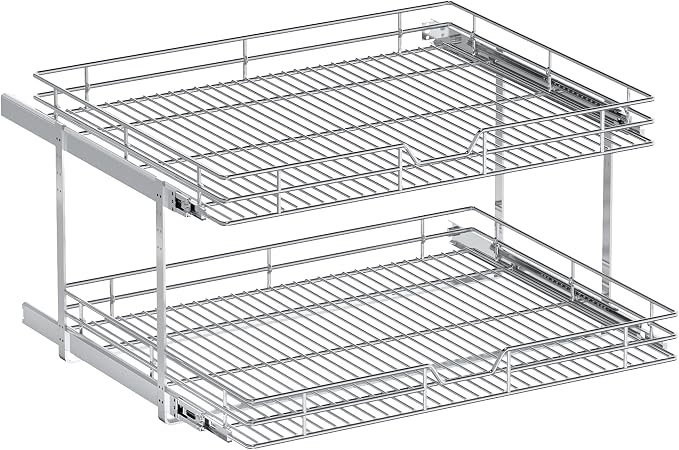 2-Tier Pull Out Cabinet Organizer, 28.5" W x 21.5" D, Heavy Duty Dual Slide Out Shelves for Wide Base Cabinets, Chrome Wire Basket Drawer for Pots, Pans, Pantry & Cleaning Supplies