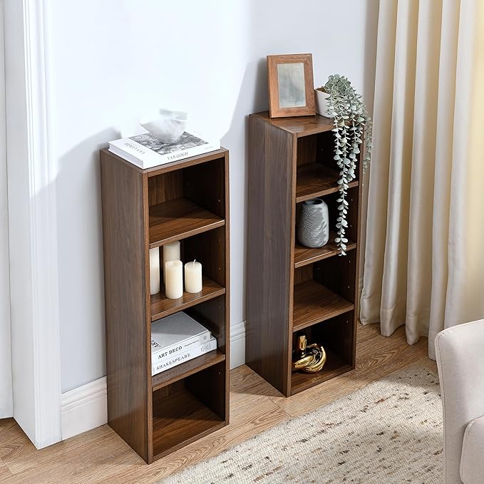 Sleek Walnut 8-Tier Media Tower Rack - Adjustable Slim Storage Cabinet, Tall Narrow Bookcase for Efficient Home Office Organization and Display!