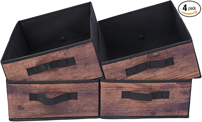 JAKAGO Fabric Storage Bins set of 4 Rectangle Storage Baskets with Handle Foldable Closet Organizer for Clothes Towel bedding Books Collapsible Clothing Container for Shelves Bedroom(Wood Low)