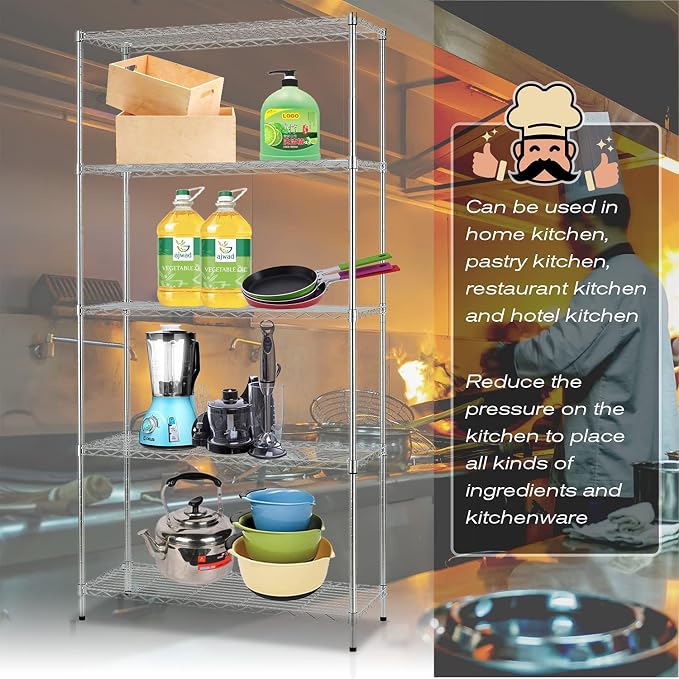 HCY Heavy Duty 5-Tier Storage Shelf - Adjustable Metal Rack for Laundry, Bathroom, Kitchen, Garage & Pantry Organization - 14"x36"x72" (Chrome)