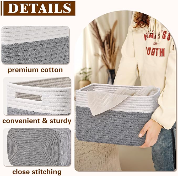 Storage Baskets for Organizing, 4 Pack Baskets for Shelves, Decorative Storage Bins for Shelves, Cotton Rope Storage Basket with Handles, Woven Basket for Storage, 13''Lx8.7''Wx7.9''H, White & Gray