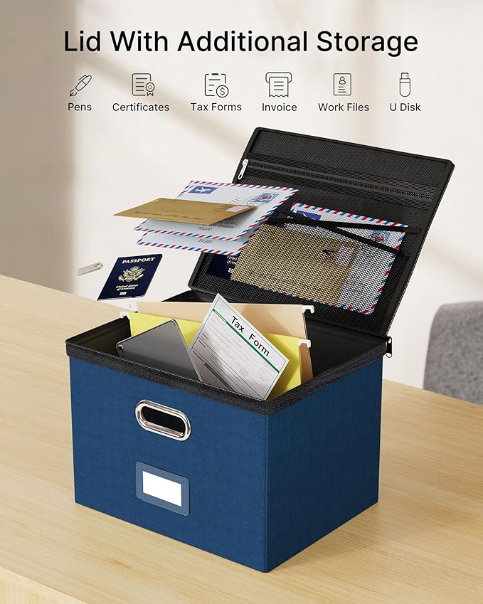 Oterri File Organizer Boxes with Lids, File Box with Mesh Pockets, Document Organizer Box for Letter Size Folders, Zippers Important Document Organizer (Dark Blue, Large-2 Pack Without Folders)