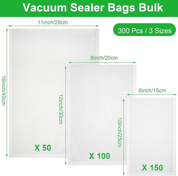 300 Pcs Vacuum Sealer Bags Bulk Vacuum Sealer Bags for Food Gallon 11" x 16" and Quart 8" x 12" and Pint 6" x 10" BPA Free, Heavy Duty for Vacuum Storage, and Sous Vide