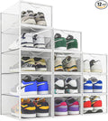 Seseno 12 Pack Shoe Storage Bins, Clear Plastic Stackable Shoe Organizer for Closet, Space Saving Foldable Shoe Rack, Shoe Box Sneaker Holder Container