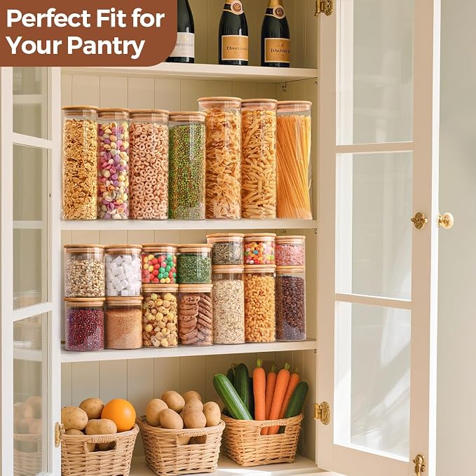 ComSaf Pasta Containers Storage 2 Qt/1.1Qt, 6 Pack Tall Glass Spaghetti Jar | Glass Storage Containers wtih Lids, Kitchen Canisters,Pantry Pasta Holder, Noodles, Cereal, Oats, Dry Food Storage, BPA Free