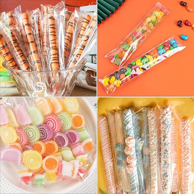 Long Resealable Cellophane Bags 1x6'' 500pcs Clear Adhesive Cello Bags Pretzel Rod OPP Plastic Bags for Toothbrush Necklace Candy Crafts Coffee Spoon Lip Brush Straw