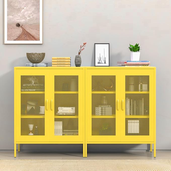 Ustamio Yellow Metal Storage Cabinet with Mesh Doors, Office Metal Locker Cabinet, Metal Display Cabinet with 2 Adjustable Shelves for Home, Office, Kitchen