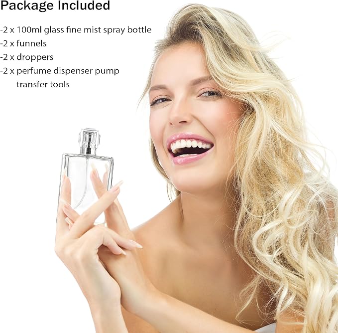 YU FENG 2 Pack Perfume Spray Bottles, 100ml/3.4oz Refillable Glass Atomizer | Empty Square Clear Glass Bottles, Fine Mist Spray, Cologne Container, Essential Oil & Travel Perfume Bottle