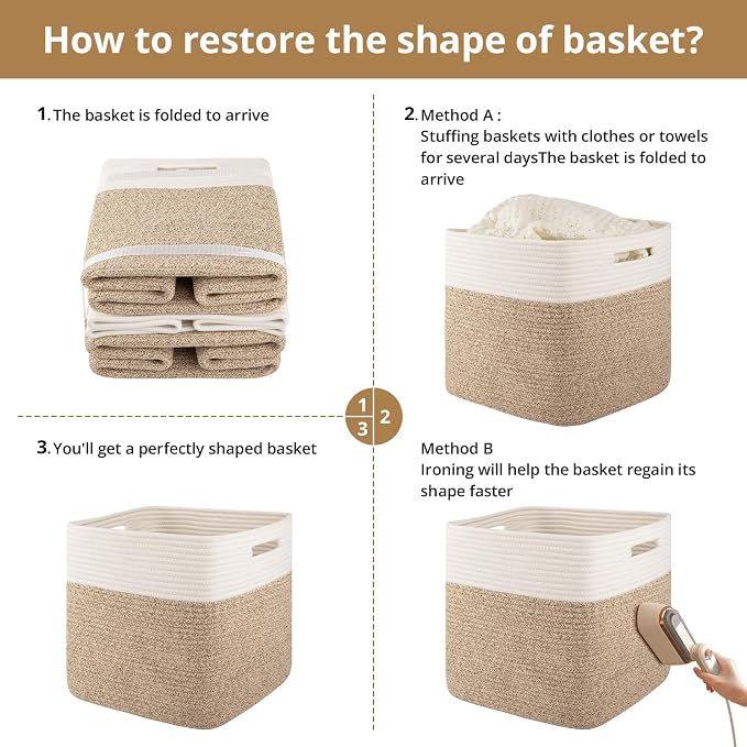 OIAHOMY 13 Inch Cube Storage Bins, 3-Pack Cotton Rope Woven Baskets for Organizing, Insert Storage Baskets for Shelves, Baby Nursery, Closet Organizer, 13 * 13 * 12.6IN, Brown & White