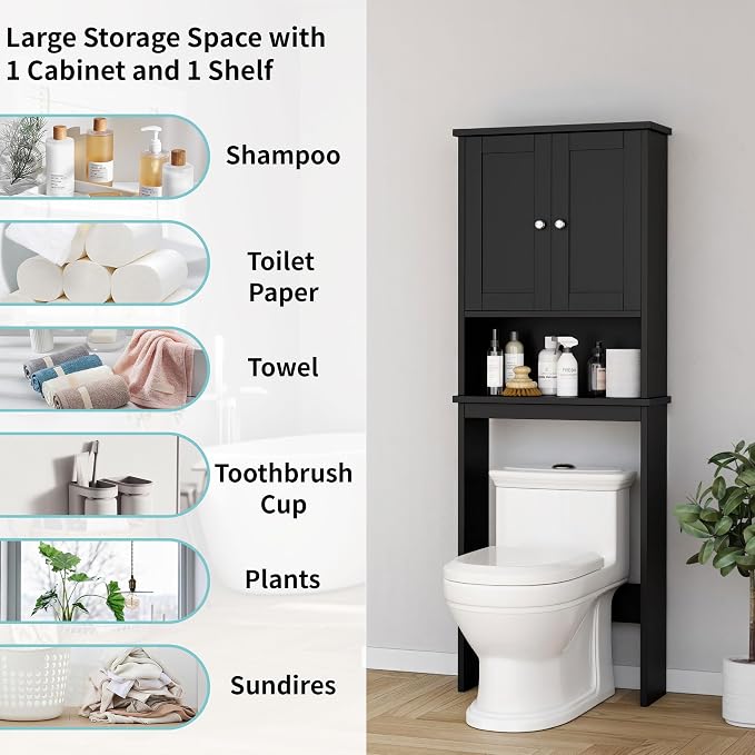Shintenchi Over the Toilet Storage Cabinet, Bathroom Shelf Organizer with Anti-Tip Device Small Freestanding Space Saver with Adjustable Shelf，Black