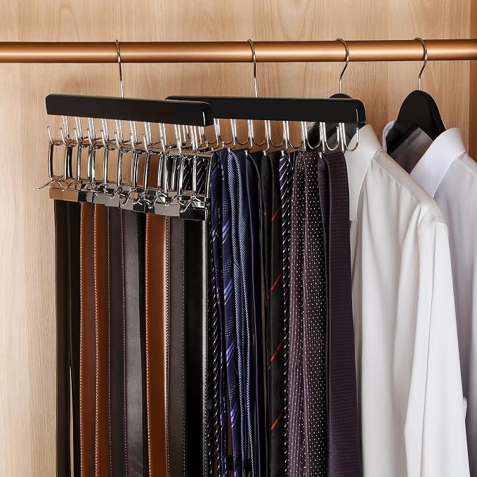TOPIA HANGER 20 Hooks 2 in 1 Belt Tie Hanger for Closet Max 30 Belts with 30 Ties Capacity, Belt Tie Racks Wooden Hanger for Closet Organizer Storage “U” Fit for Belt and “一” Fit for Tie - CT47B