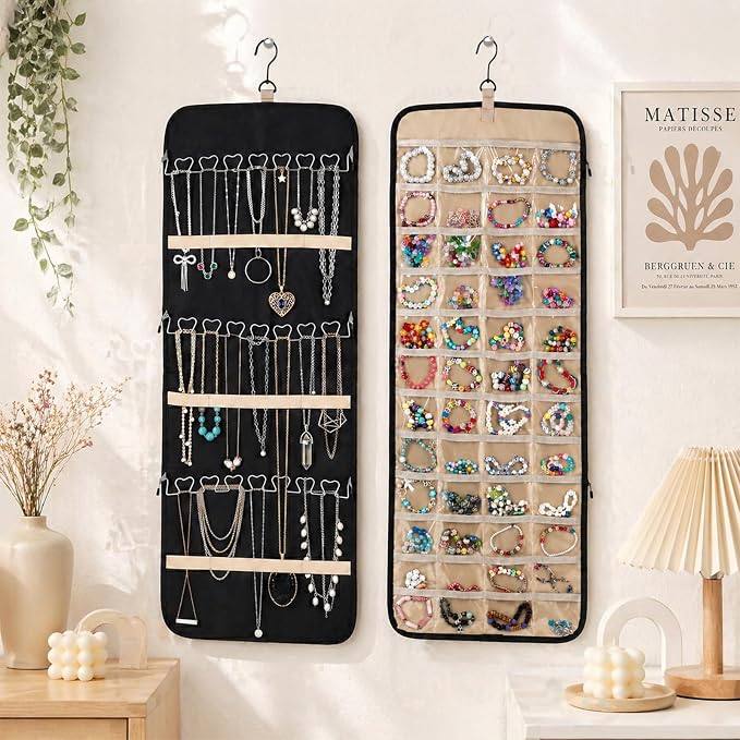 2 Pack Hanging Jewelry Organizer Storage with Hanger and 48 Pockets, Metal Necklace Hooks Double-Sided Jewelry Holder for Earrings, Necklaces, Rings on Closet, Wall, Door, Large, Black