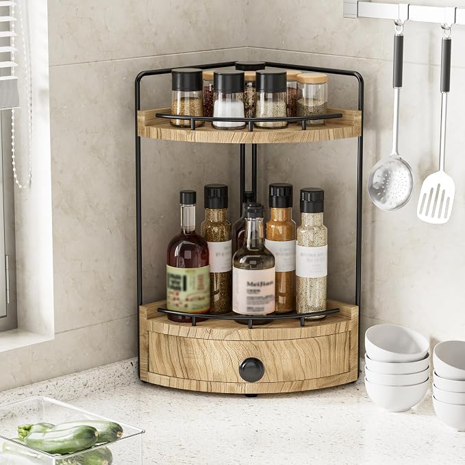 2-Tier Corner Bathroom Counter Organizer with Drawer, Wood color | Embedded Screw Holes, Wooden Countertop Organizers, Space-Saving, Bottom Ventilation Design, Counter Shelf for Vanity