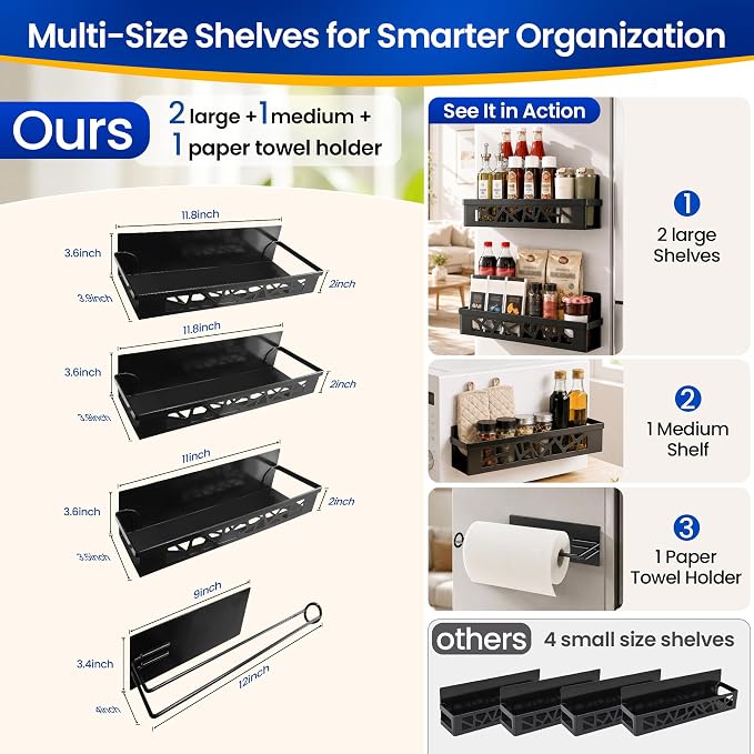 Magnetic Spice Rack with Paper Towel Holder,4 Pack refrigerator organizer | Space Saving Fridge Shelf Storage,No Drill,Storage Spices, Snacks & Kitchen Essentials,Small Kitchen,Apartment or RV
