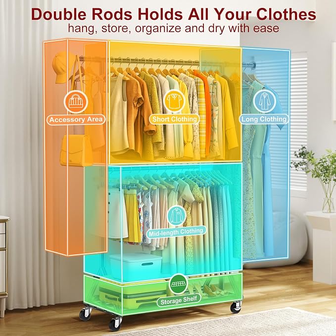 Heavy Duty Clothes Rack Load 760 LBS, Double Tier Rolling Garment Rack with Wheels, Adjustable Height Clothing Rack for Hanging Clothes, Double Rod Sturdy Metal Clothes Hanging Rack for Bedroom