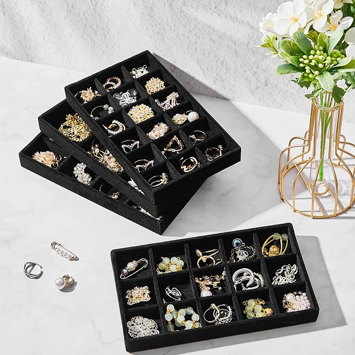 Junkin 12 Pcs Jewelry Tray Velvet Stackable Jewelry Organizer Trays Divided Earring Accessories Storage Containers Box (Rose Red)