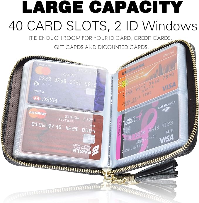 Easyoulife Womens Credit Card Holder Wallet Zip Leather Card Case RFID Blocking (Black)