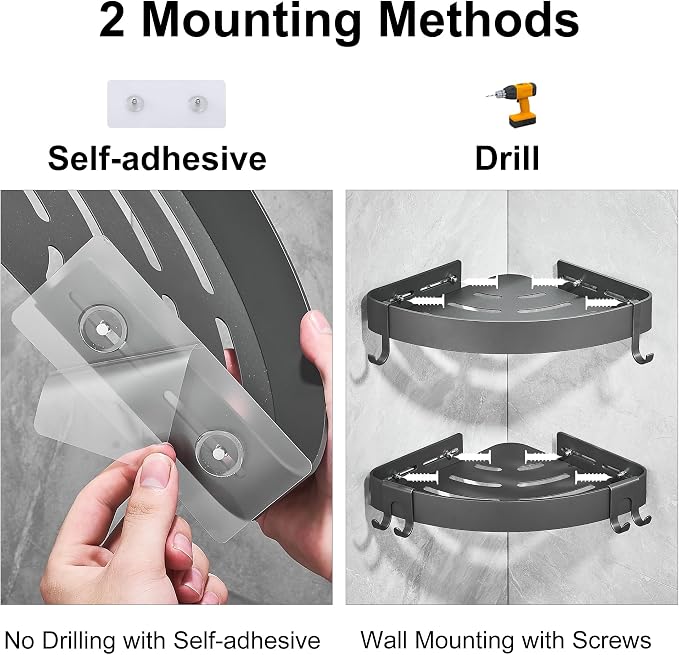 DUFU Adhesive Corner Shower Caddy with Hooks, Grey, 2 Pack | Bathroom Shower Organizer, No Drilling Rust Proof Aluminum Shower Shelf for Inside Shower