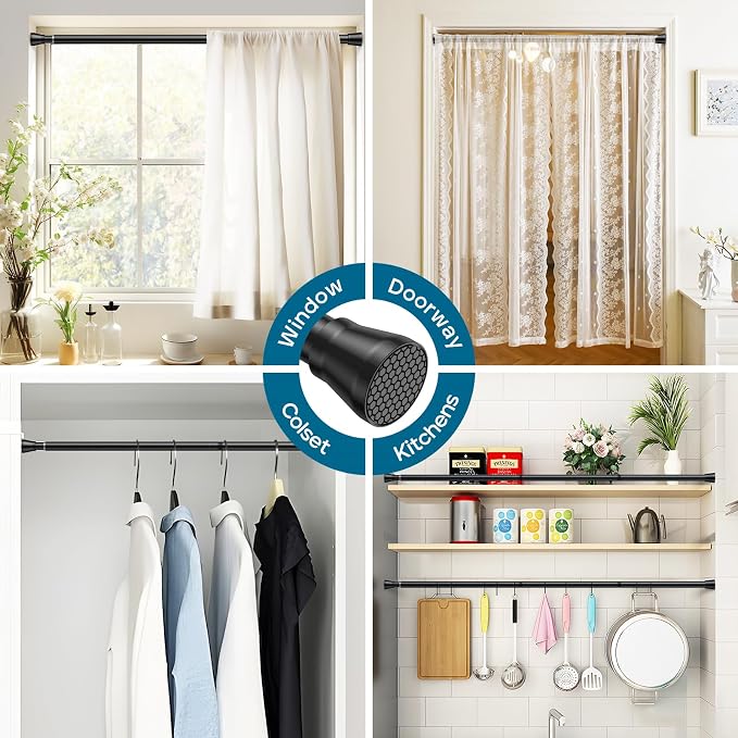 AIZESI Tension Curtain Rod 28 to 48 Inch No Drilling Adjustable, Black | Expandable Spring Loaded Curtain Rod, Rust-Resistant Stainless Steel, Shower Rods for Bathroom, Window, Doorway & Closet