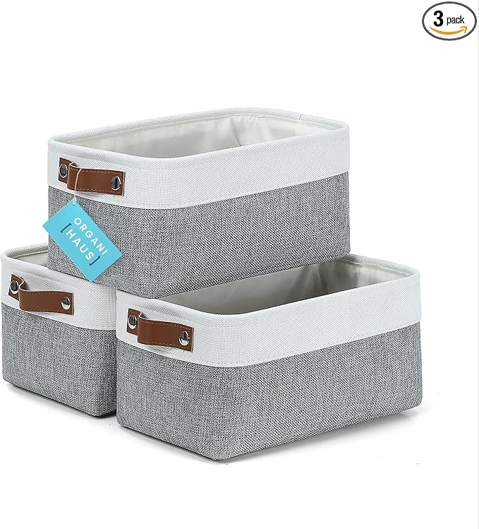 OrganiHaus 12x8in Canvas Storage Baskets 3 Pack | SMALL Fabric Bins for Shelves | Pantry & Bathroom Organizer | Gray/Off-White