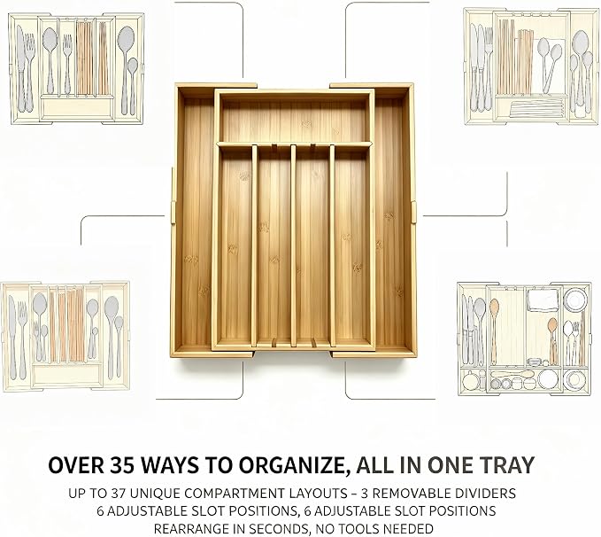 Expandable Silverware Organizer | Upgraded Bamboo Kitchen Drawer Organizer, 12.5"-21" Adjustable Utensil Tray