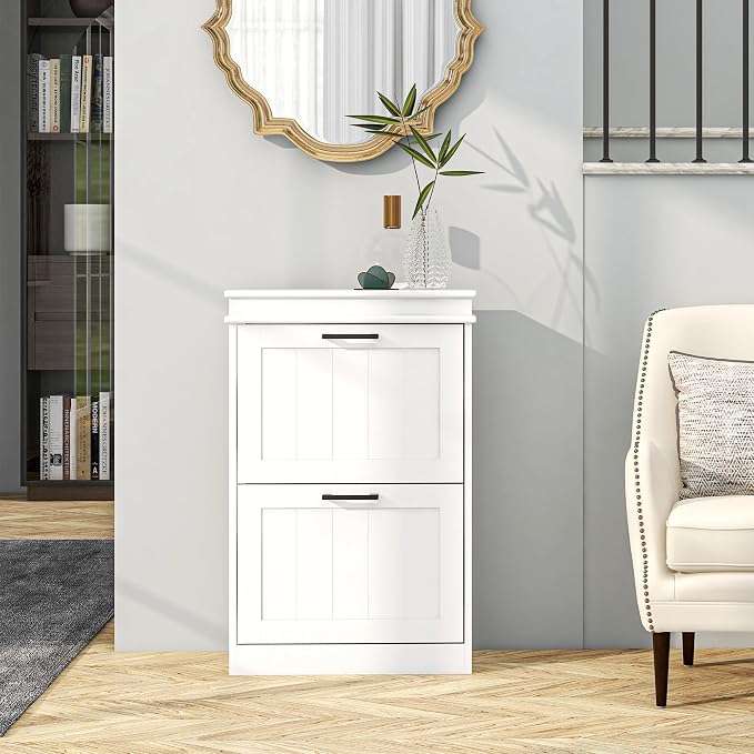 HOMCOM Narrow Shoe Cabinet with 2 Flip Drawers, Modern Freestanding Shoe Storage Cabinet with Adjustable Shelves for Entryway, Hallway, White