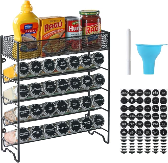Skiileor Spice Rack Organizer with 28 Empty Spice Jars,Spice Labels,Chalk pen and Funnel Complete Set,Space-Saving for Countertop, Cabinet or Wall Mount