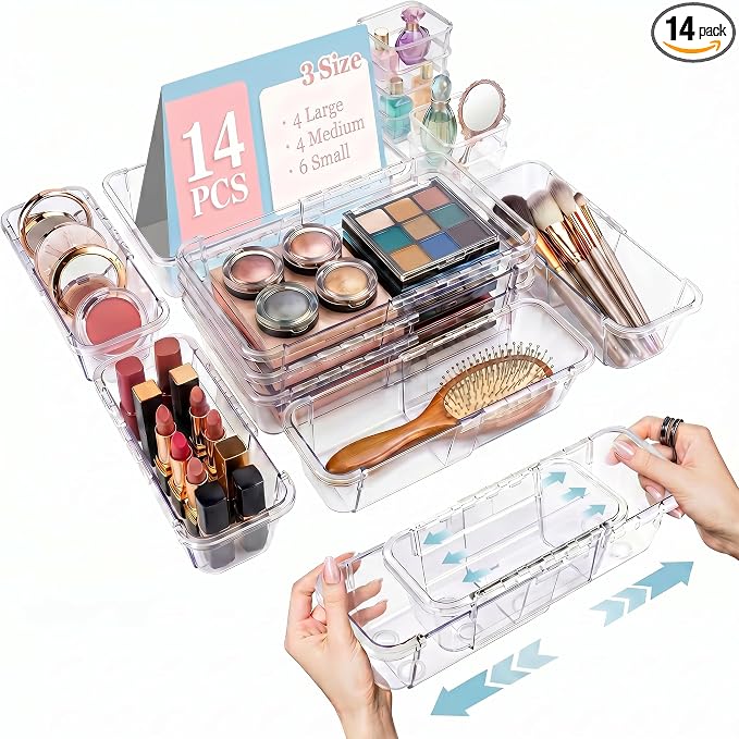 14 Pcs Expandable Clear Drawer Organizer, 3-Size Extendable Drawer Divider, Adjustable Plastic Storage Box, Arcrylic Storage Bins for Makeup Vanity Drawer Dresser DIY Desk Office Kitchen Utensils