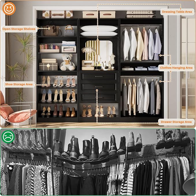 Unikito Modular Closet System with 3 Sets, 75”Closet Organizer System with Drawers, Mirror, Hanging Rods and Adjustable Shelves, Freestanding Wood Wardrobe Garment Rack, Walk in Closet Tower, Black